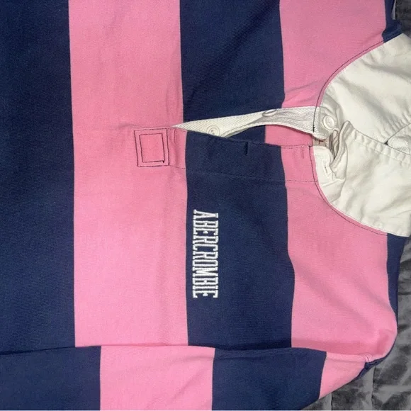 Vintage Abercrombie Pink and Navy Striped Rugby Shirt - Picture 2 of 3